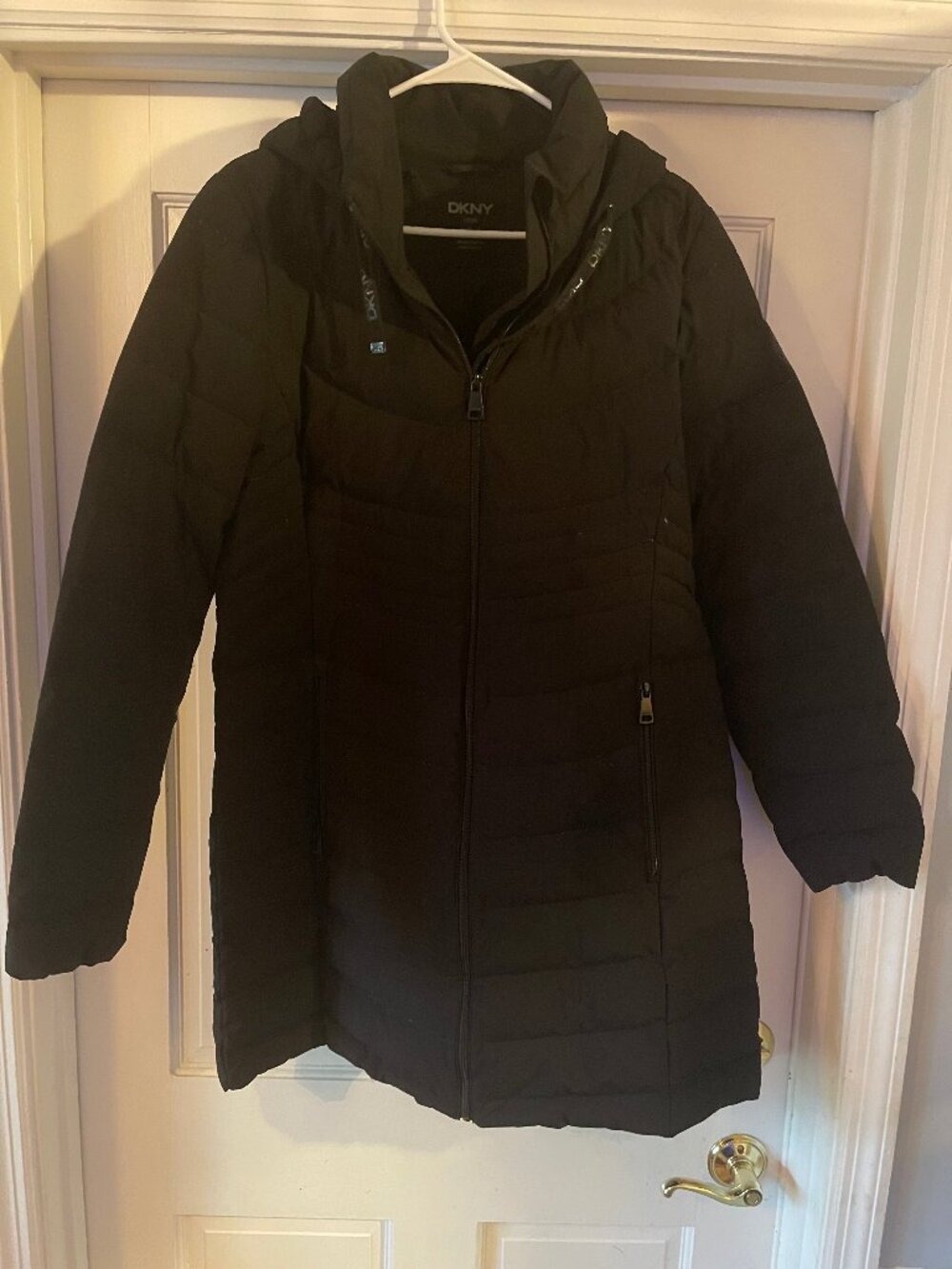 DKNY down-filled puffer coat, hooded mid-length, size L - Picture 2 of 8